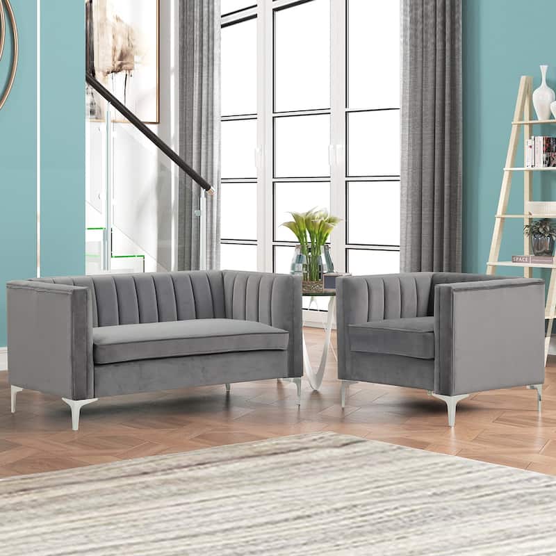 Morden Fort Modern 2 Pieces of Chair and Loveseat Set with Dutch Velvet Grey, Iron Legs - Grey