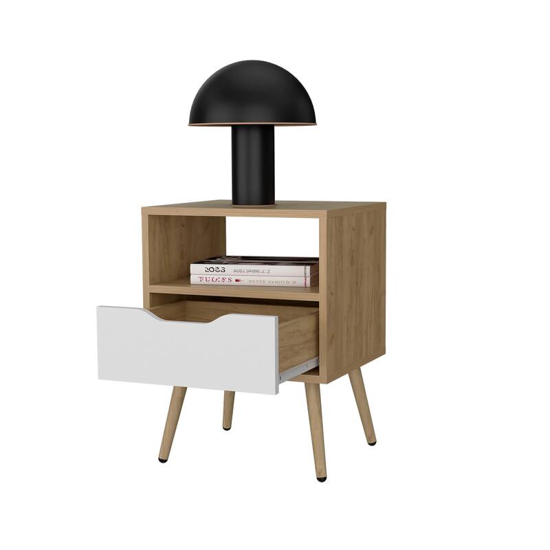 Natural Oak and White Nightstand with Open Storage