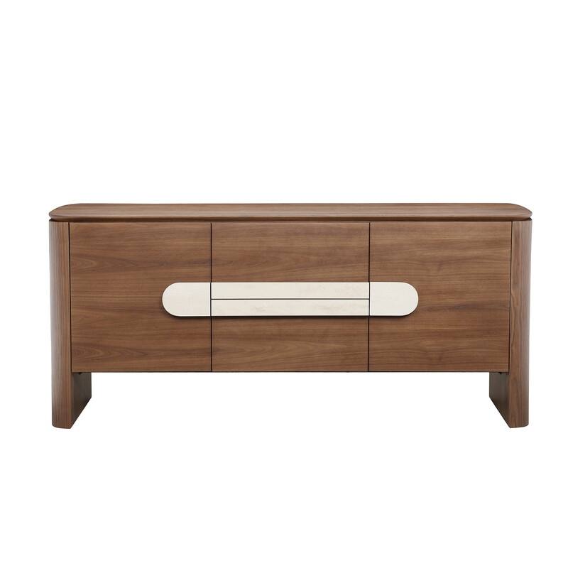Spruce & Spring Modern Walnut Sideboard with Travertine Accent Handle, Minimalist Storage Console