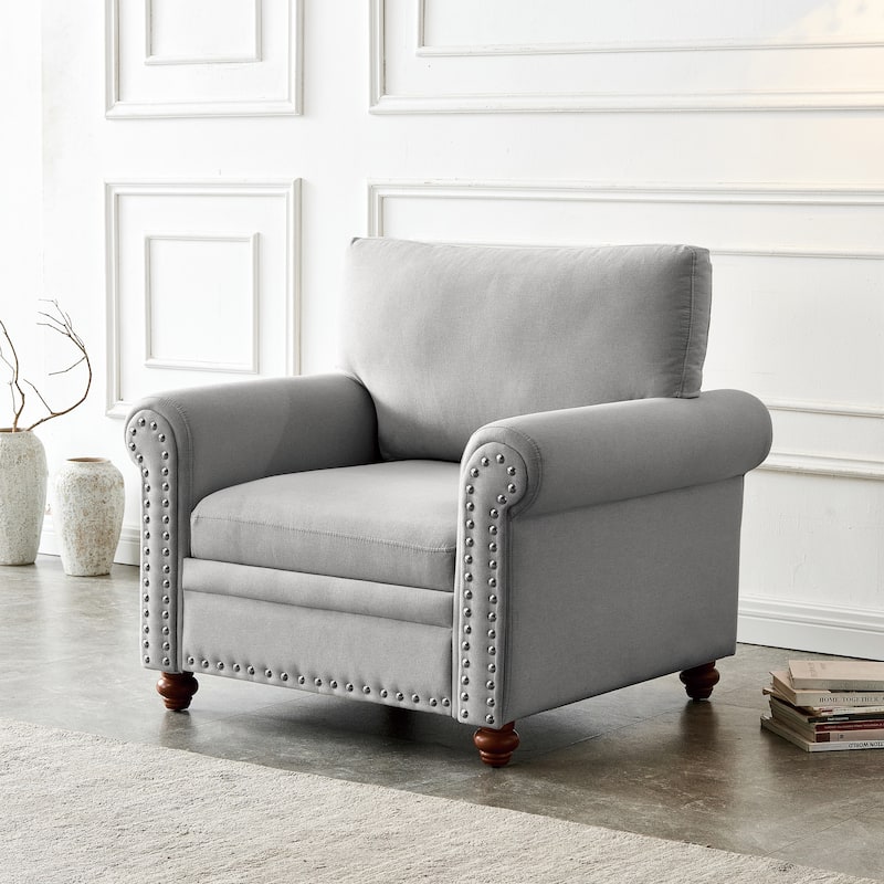 Linen Fabric Upholstered Sofa with Storage, 3-Seater Couch with Solid Wood Frame, Round Arms, and Removable Cushion Cover - 1-seater Grey
