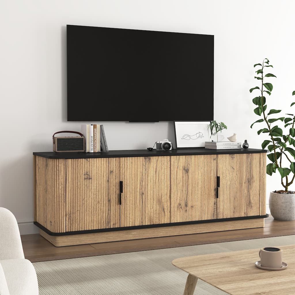 Four-Door MDF TV Cabinet, Multi-functional Storage, Metal Rounded Corner Design, 55*15.7*18.9 inches
