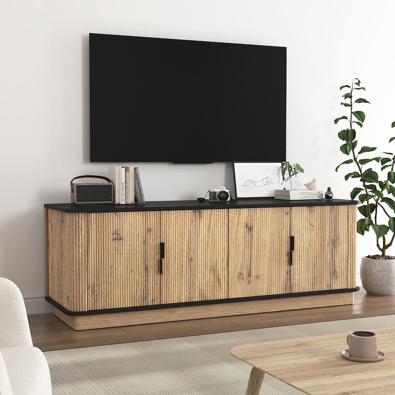 Natural Wood Grain Four Door MDF TV Cabinet Nordic Modern Minimalist 55x15.7x18.9 inch - Black