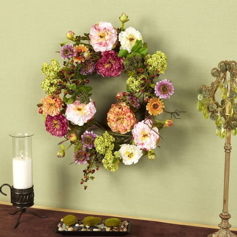 Pink Peony Spring Floral Wreath, 24-Inch, Unlit