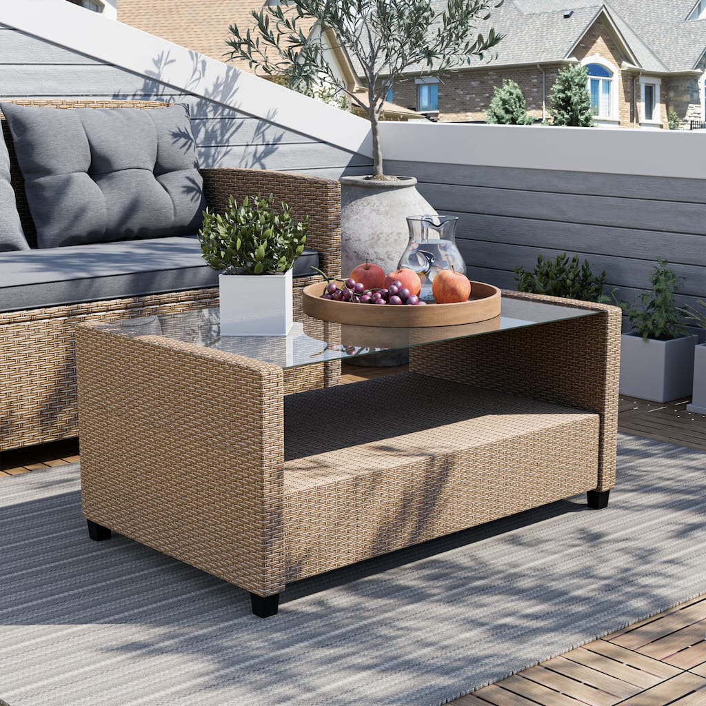 Alaya Modern Wicker and Glass Top Outdoor Coffee Table by M&L Co.