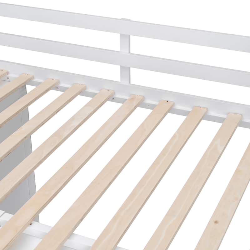 White Full Size Loft Bed with Built-in Wardrobes and Staircase, Space-Saving Design