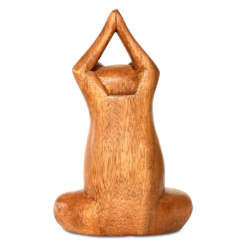 8" Wooden Handmade Hand Carved Yoga Lotus Pose Cat Sculpture Statue Home Decor - 8" tall x 4" wide x 3" deep