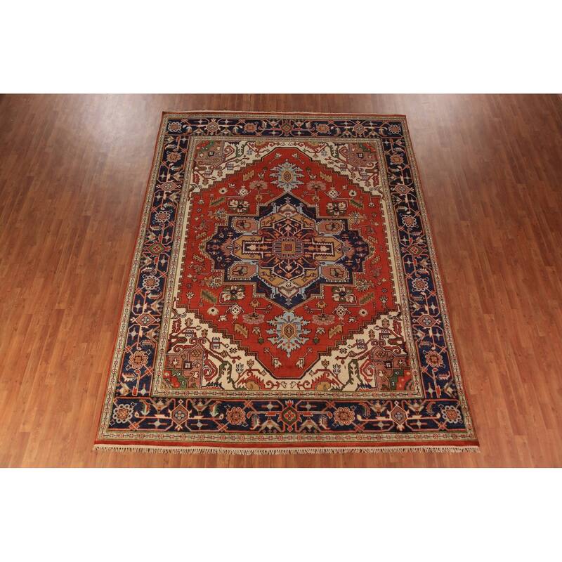Orange Medallion Heriz Serapi Indian Area Rug Hand-Knotted Wool Carpet - 8'11"x 11'9"