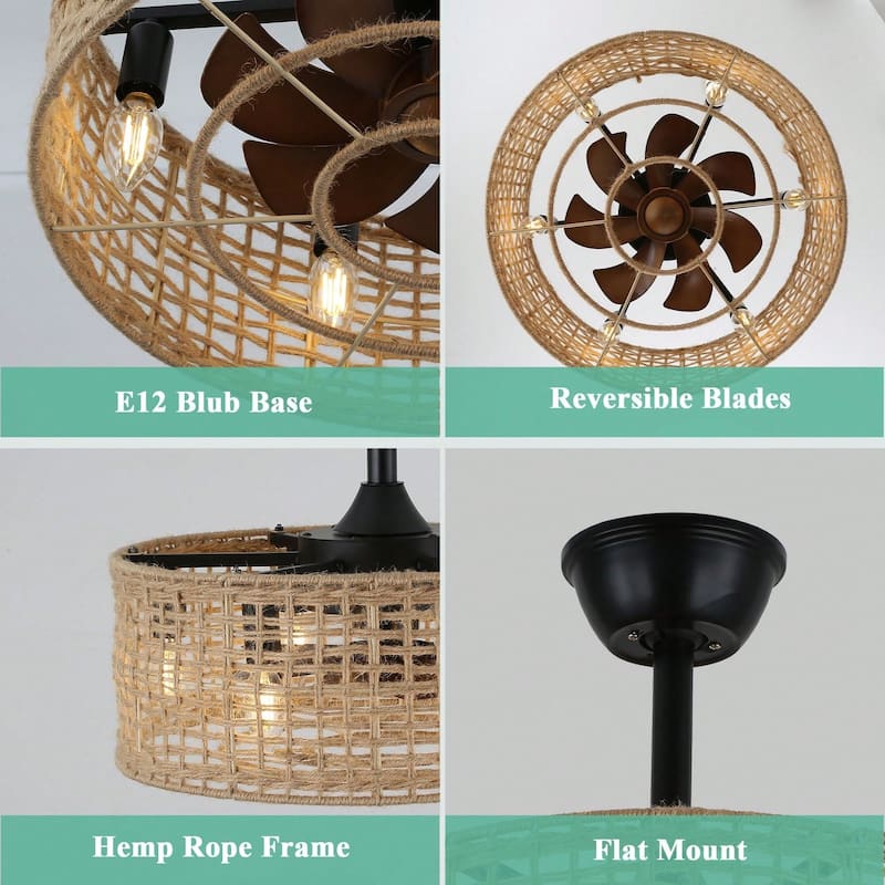 Cusp Barn 18" Farmhouse Caged Ceiling Fan with Light and Remote, Boho Rattan 3 Speeds Reversible Ceiling Fan for Bedroom