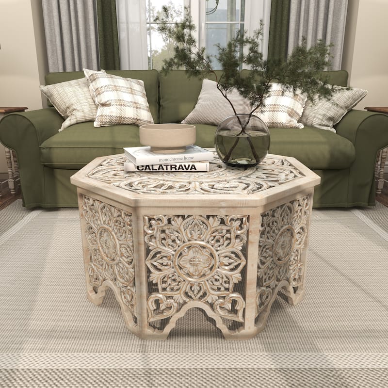 Wooden Floral Handmade Intricately Carved Coffee Table with Hollow Interior - Light Gray or Cream - Roche River Decor