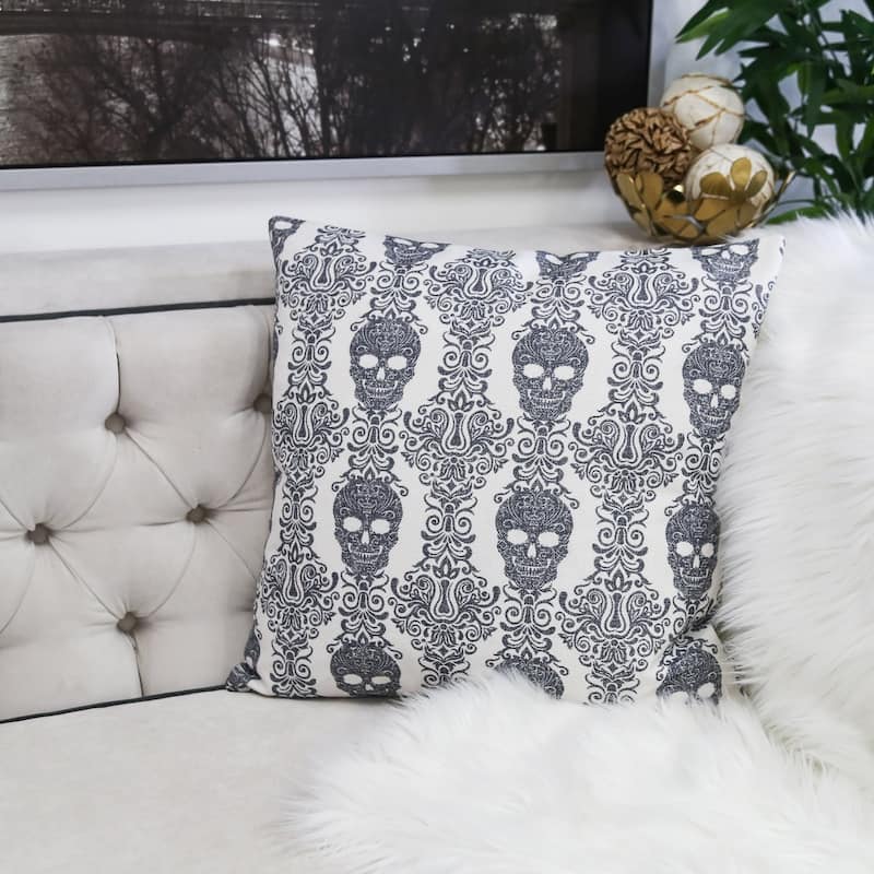 Gothic Damask Skull Throw Pillow - Black & White Cotton Linen