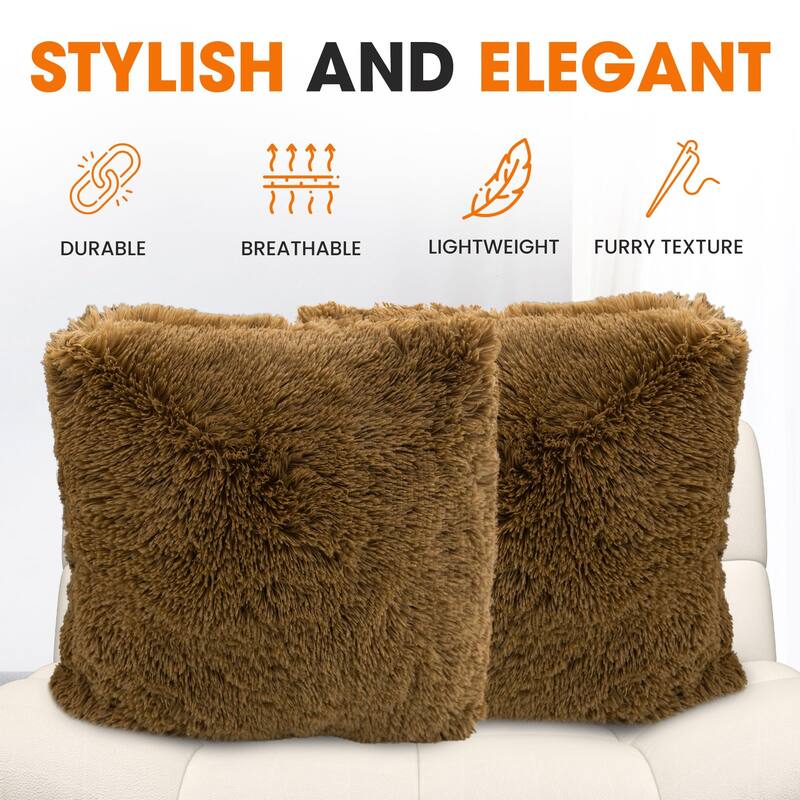 Cheer Collection Super Soft Shaggy Long Hair Throw Pillows Set of 2 Plush Accent Cushions