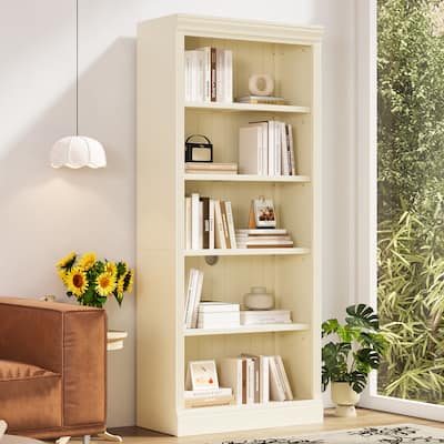 83" Tall 5-Tier Wood Bookcase Classic Solid Color Bookshelf with Adjustable Shelves, LED Light Bar, Open Display Storage Cabinet