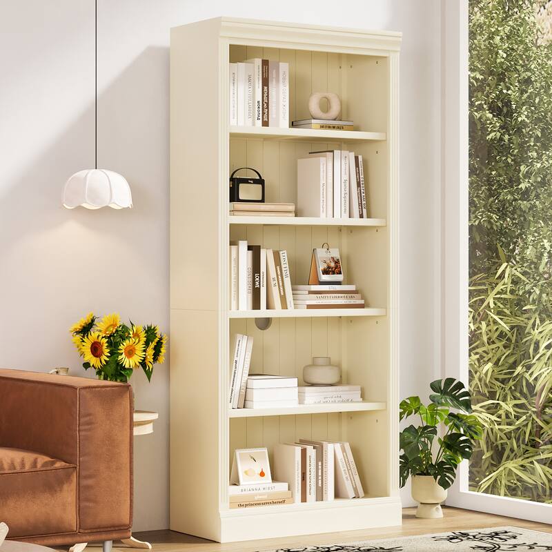 83.4" Tall Bookcase with Light Strip - 5-Tier Adjustable Shelves, CD/Book Storage - Beige