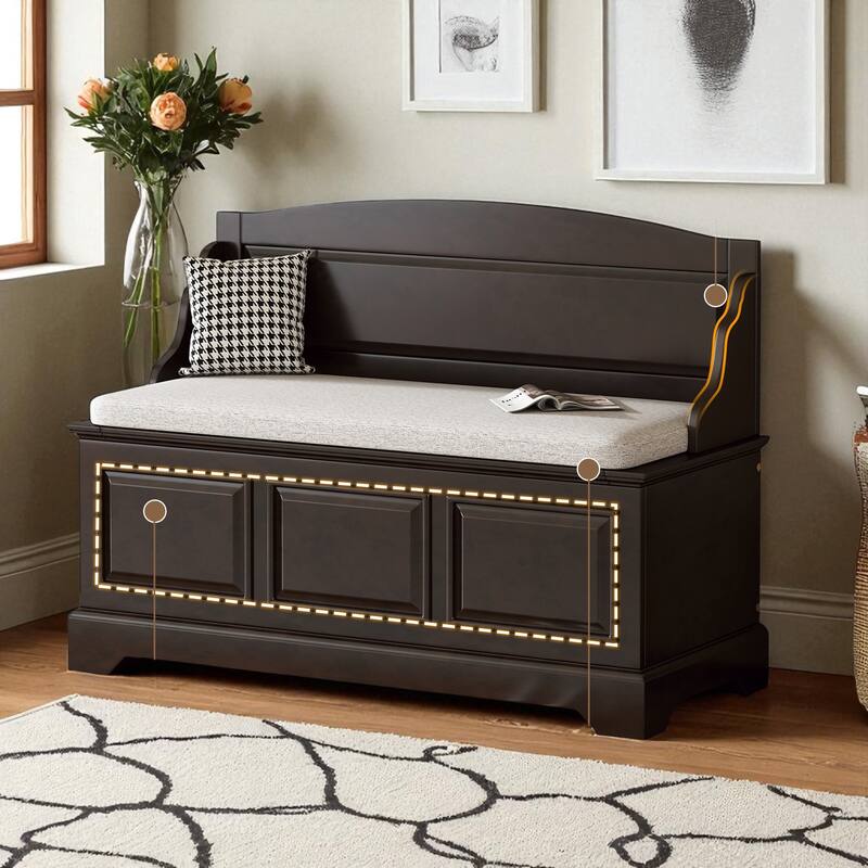 Retro Wooden Shoe Storage Bench with Linen Cushion, Safe Soft-Close Lift Top & Hidden Compartments for Entryway or Hallway