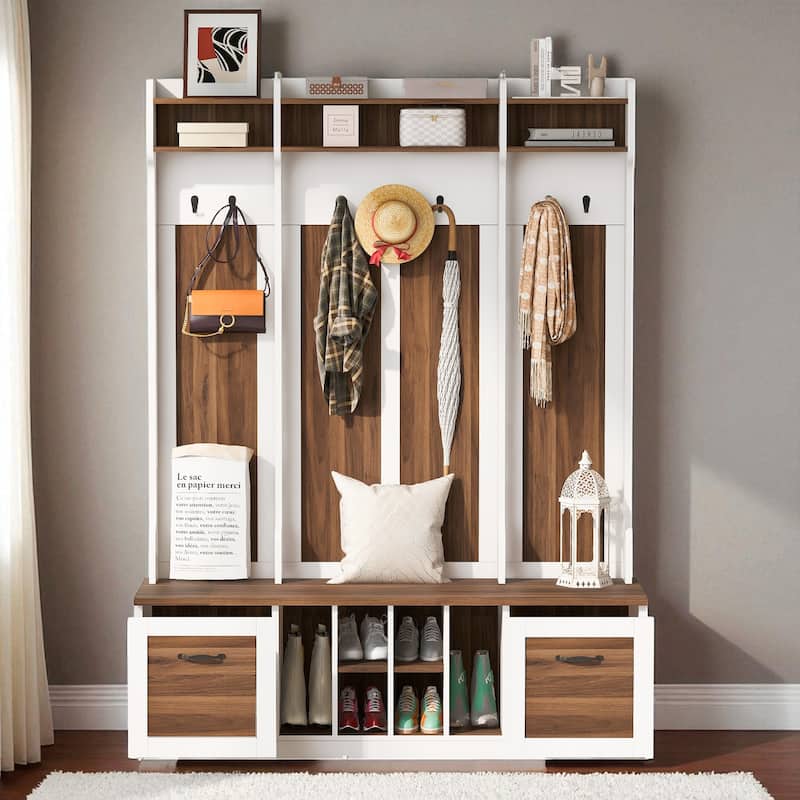 58.8 in Wide Hall Tree with Bench, 7 Hooks, 2 Drawers, Adjustable Shelves, Entryway Coat Rack Organizer, 76.7 in H - Brown White