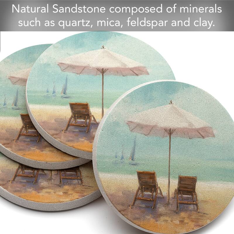 By the Shore 4 Pack Round Natural Sandstone Coasters with Protective Cork Backing Manufactured in The USA