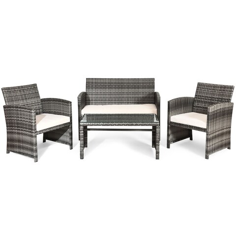 Costway 4-piece Patio Rattan Sets Glass Top Table & Sofa With Cushion - 4-Piece Sets