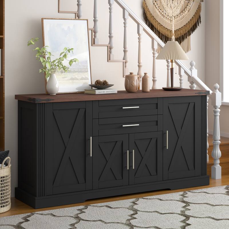 63"Barn Door Storage Cabinet with 2 Drawers & Door Rack, Large Buffet Table Coffee Bar Cabinets with Adjustable Shelves