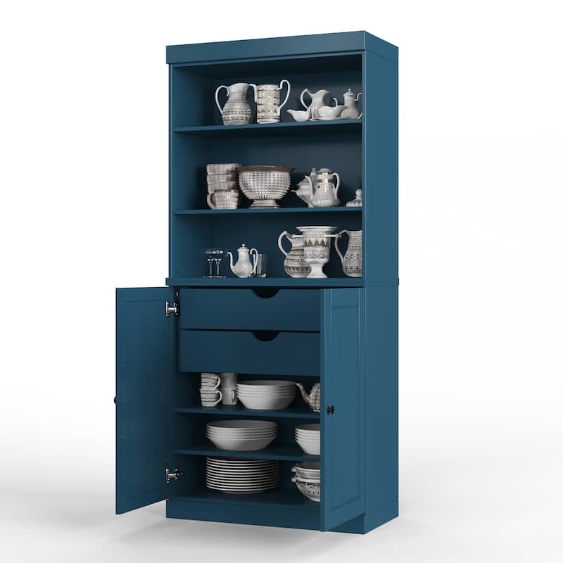100% Solid Wood Kitchen Pantry Cabinet with 2 Clear Glass or Solid Wood Doors and 2-Drawer Organizer by Palace Imports