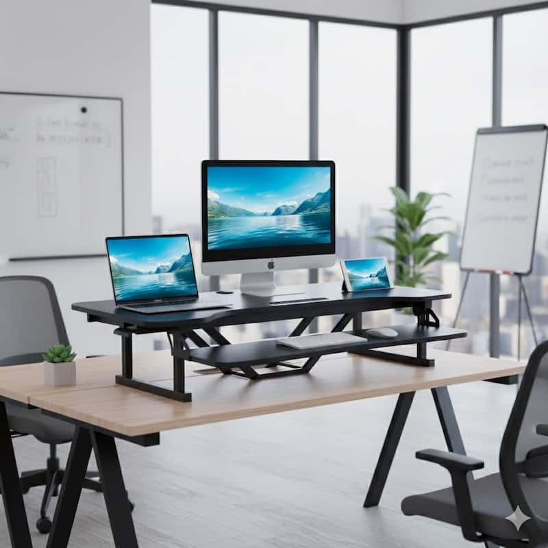 Rocelco 43 in. W Black Height Adjustable Standing Desk Converter Tall Riser with Tablet Slot and Deep Keyboard Tray Platform