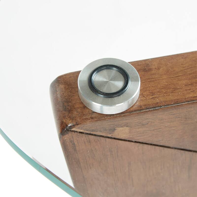 Roomfitters 42-Inch Triangular Coffee Table, Tempered Glass Top with Mid-Century Pecan Solid Wood Base