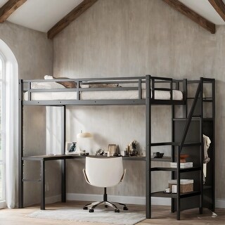 Twin XL Metal Loft Bed w/ L-shaped Desk,USB,Wardrobe,Adjustable Shelf