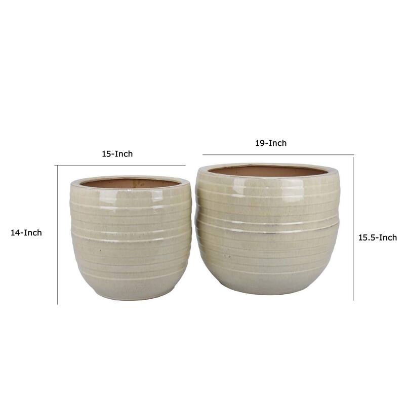 Paulo Barrel Planter Set of 2, Raised Ribbed Beige Ceramic 19, 15 Inch