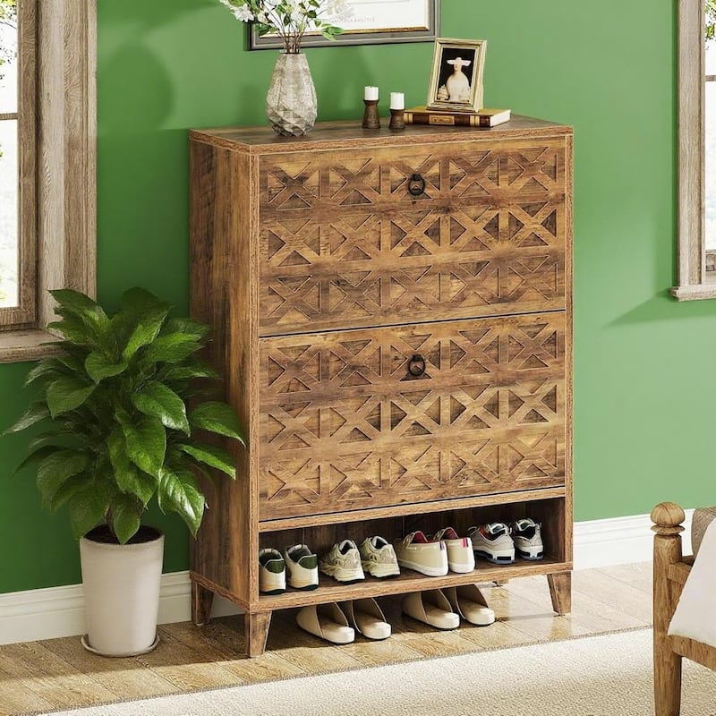 Slim Shoe Cabinet with Flip Drawers and Open Shelf for Entryway Hallway and Home Storage - 31.5”L x 9.45”W x 43.31”H