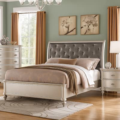 Opulent Wooden Queen Bed With Silver PU Tufted HB, Shinny Silver Finish