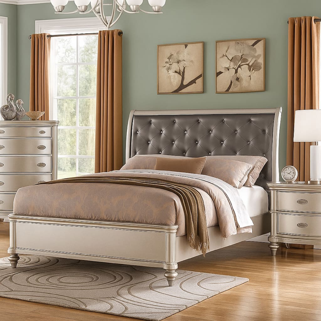 Opulent Wooden Queen Bed With Silver PU Tufted HB, Shinny Silver Finish