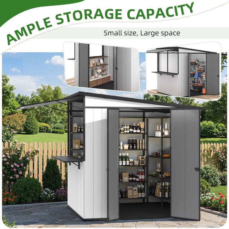 7x6 FT Outdoor Metal Storage Shed, Foldable Bar Counter & Hydraulic Overhang, Lockable Backyard Cabana - 7x6 FT