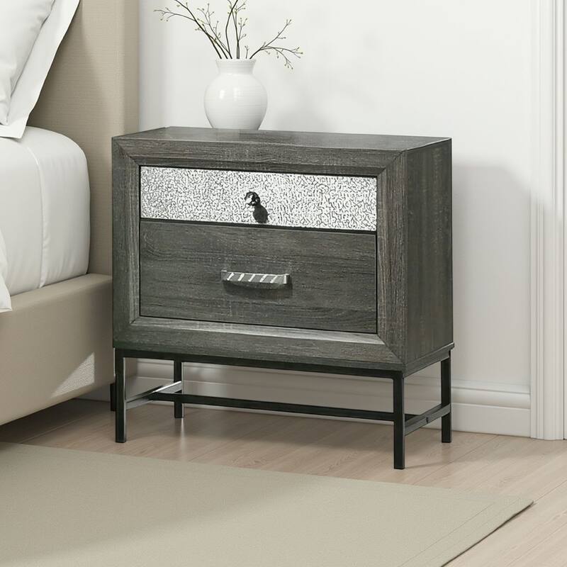 Lito 25 Inch Nightstand, 1 Drawer and Jewelry Tray, Glam Silver, Gray