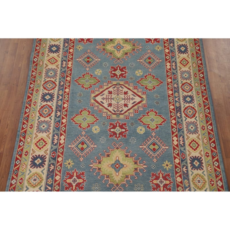 Blue Traditional / Geometric Kazak Area Rug Handmade Wool Carpet - 5'11" x 9'5"