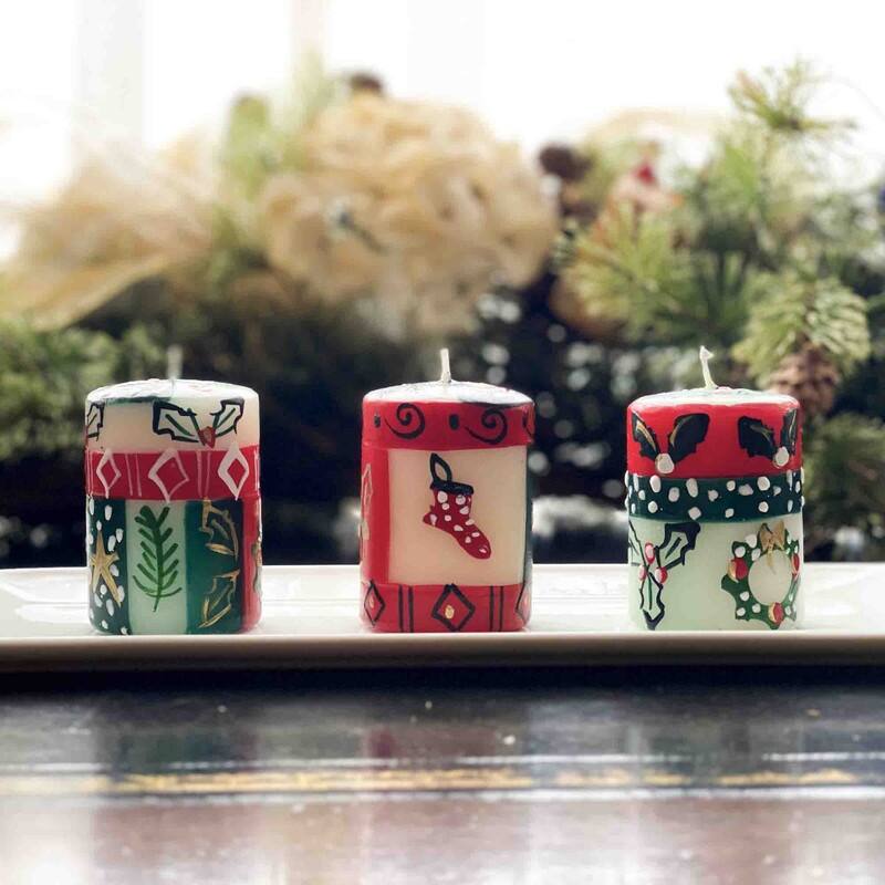 Christmas Handmade Votive Candles with Ukhisimui Design, Set of 3 (South Africa) Bed Bath