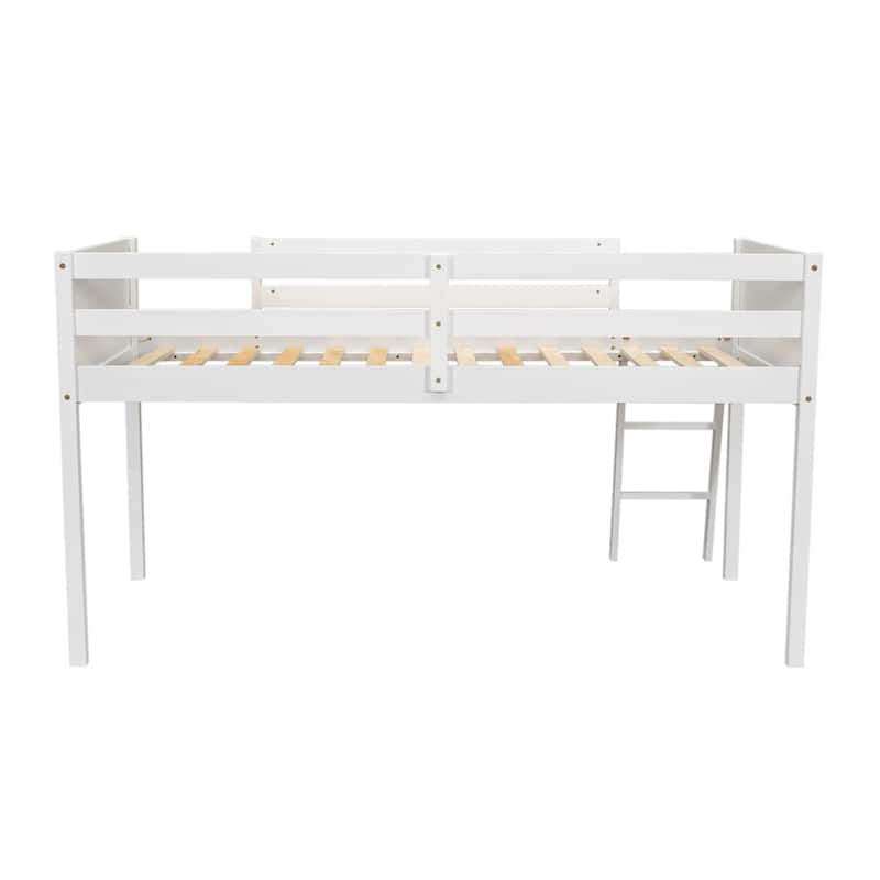 Twin Size Solid Wood Low Loft Bed with Ladder and Fence Baffle, and Wood Slats Support for Bedroom
