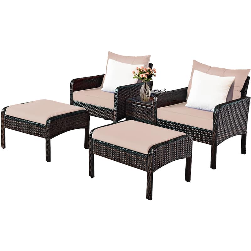 Costway 5 PCS Rattan Wicker Furniture Set Sofa Ottoman W/Brown Cushion