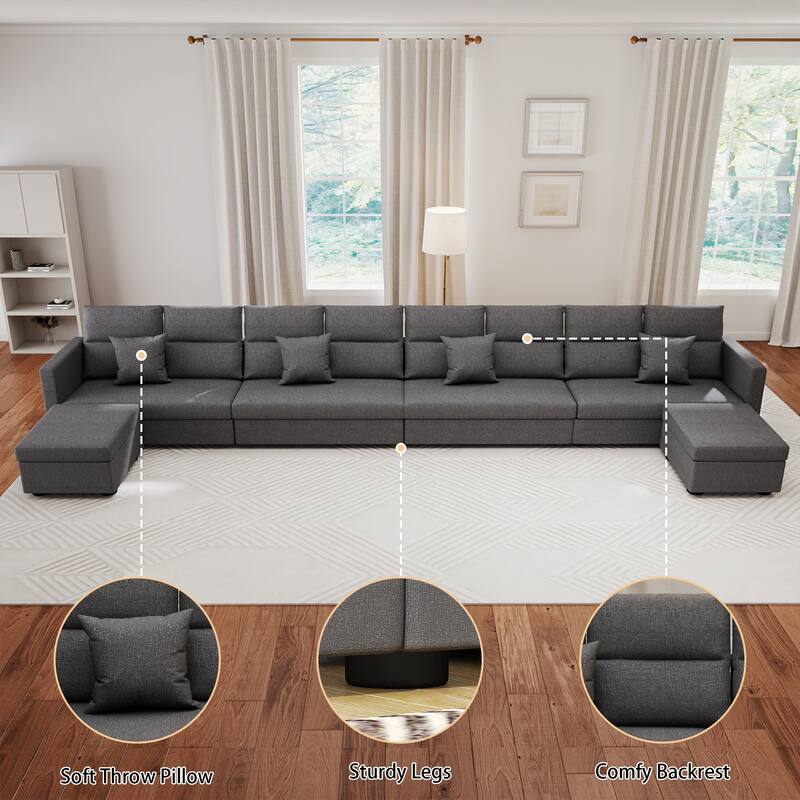 Linen Sectional Couches Modular Sofa with Ottoman for Living Room - Grey