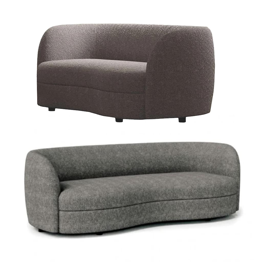 Srey 2pc Sofa and Loveseat Set, Gray Boucle, Curved Kidney Shape