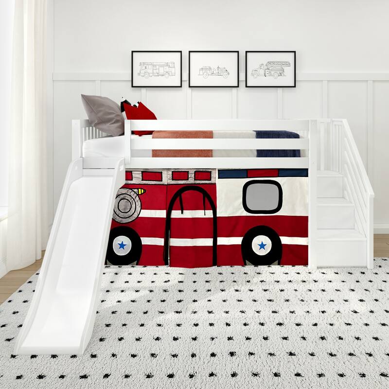 Max and Lily Classic Twin Low Loft with Stairs, Easy Slide and Curtain