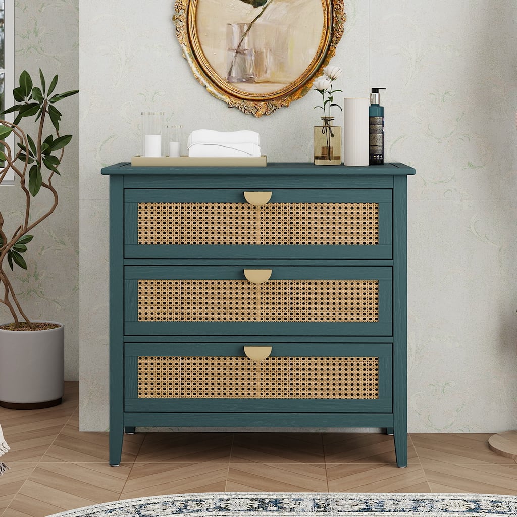 Roomfitters 3 Drawer Cabinet, Rattan Storage Dresser Chest for Bedroom, Living Room