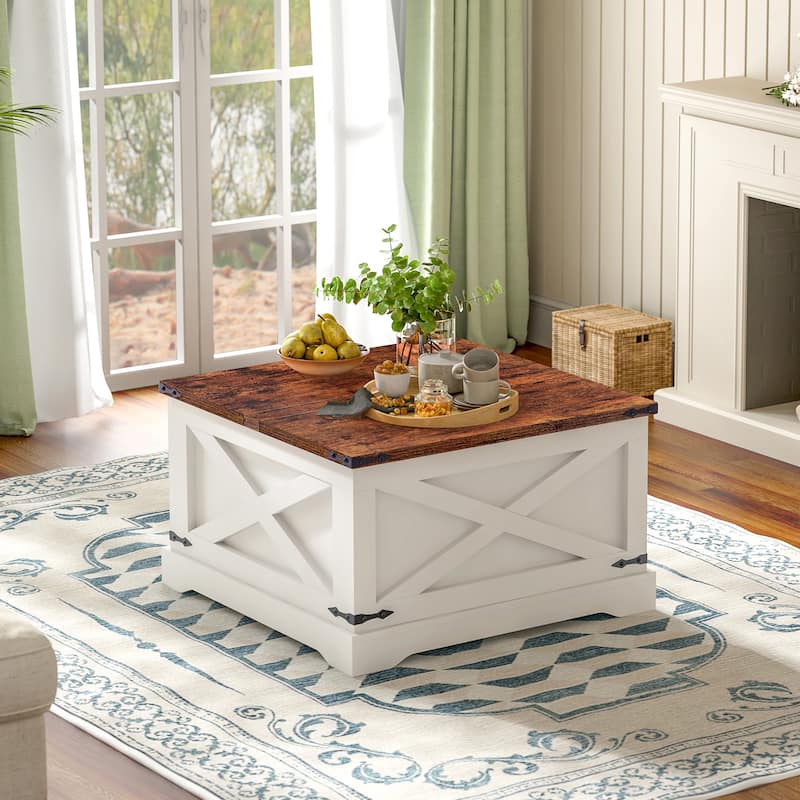 Square Lift-Top Center Table, Coffee Table with Barn Door, Sofa Table with Built-In USB, Dining Table with Power Outlets - White+Walnut