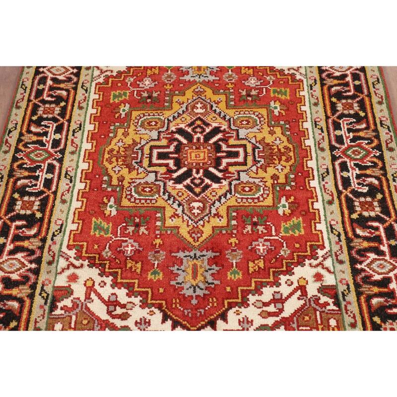 Orange Geometric Heriz Serapi Indian Rug Hand-Knotted Wool Carpet - 4'1" x 5'11"