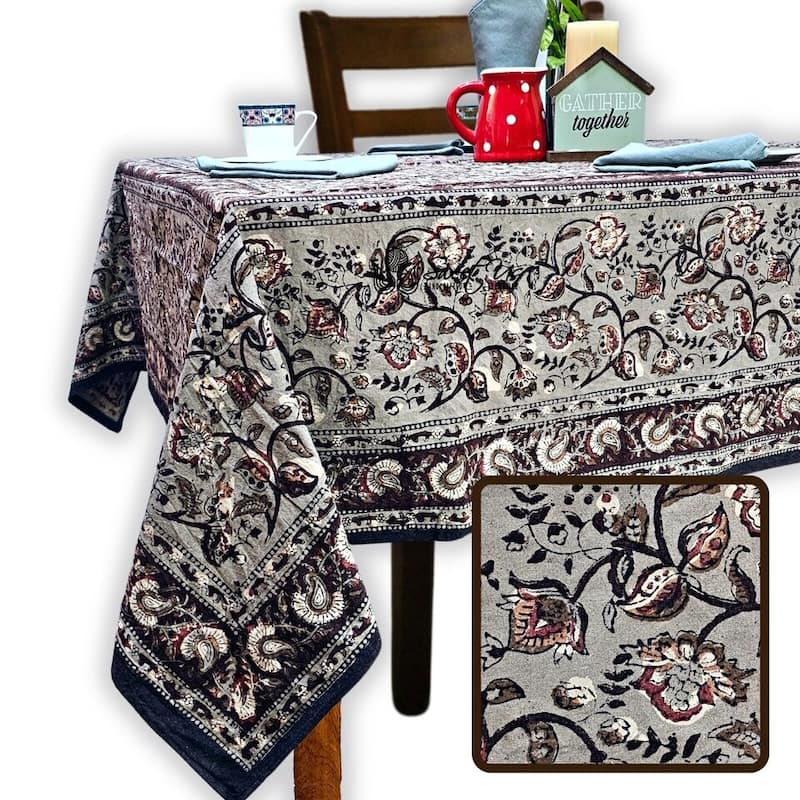 Earthen Vintage Floral Block Print Cotton Tablecloth Collection - 60 x 90 in