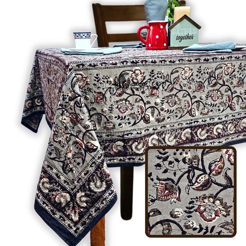 Earthen Vintage Floral Block Print Cotton Tablecloth Collection