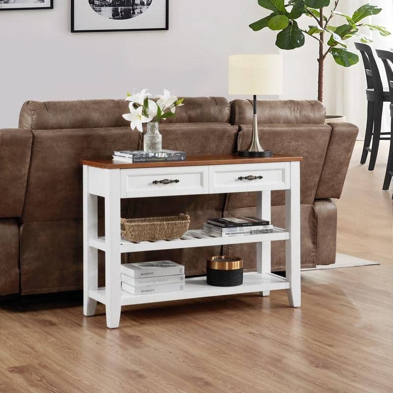 Vintage-Inspired Pine Console Table - Two-Tier Open Shelf Design for Living Spaces‌.
