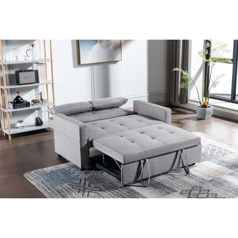 55.12" 3-in-1 Linen Loveseat Convertible Sofa Bed with Side Pocket and Pillows for Living Room