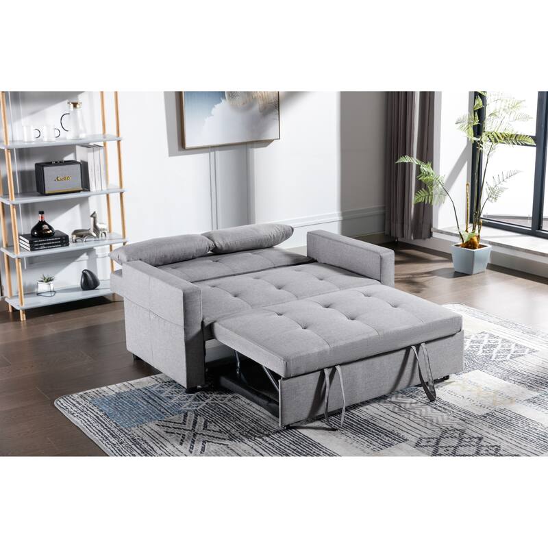 Light Grey Linen Fabric 3-in-1 Convertible Sleeper Sofa Loveseat with Side Pocket