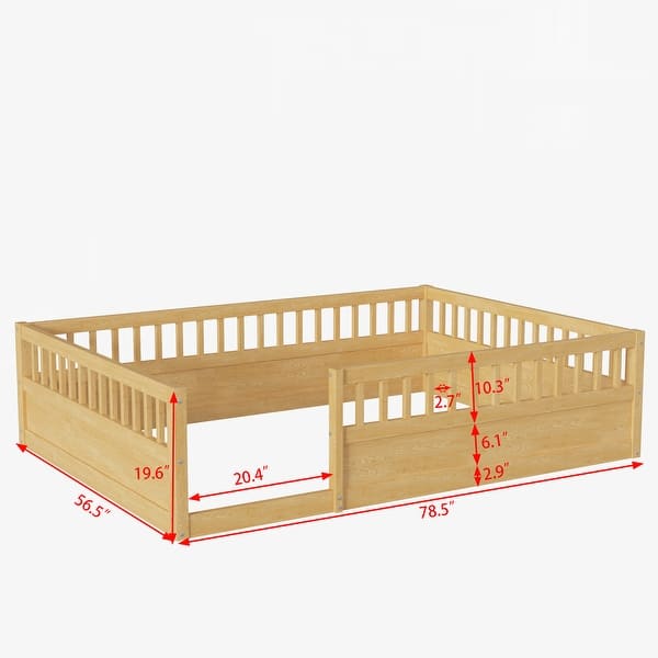Full Size Floor Bed Safety Kids Bed with High Guardrails (19.6 inch), Concise Bed Frame for Boys Girls Kids Toddler, Natural