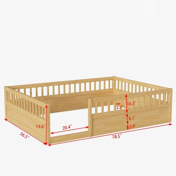 Natural Full Size Floor Bed Frame with Fence, Kids Beds Frame for Bedroom Playroom