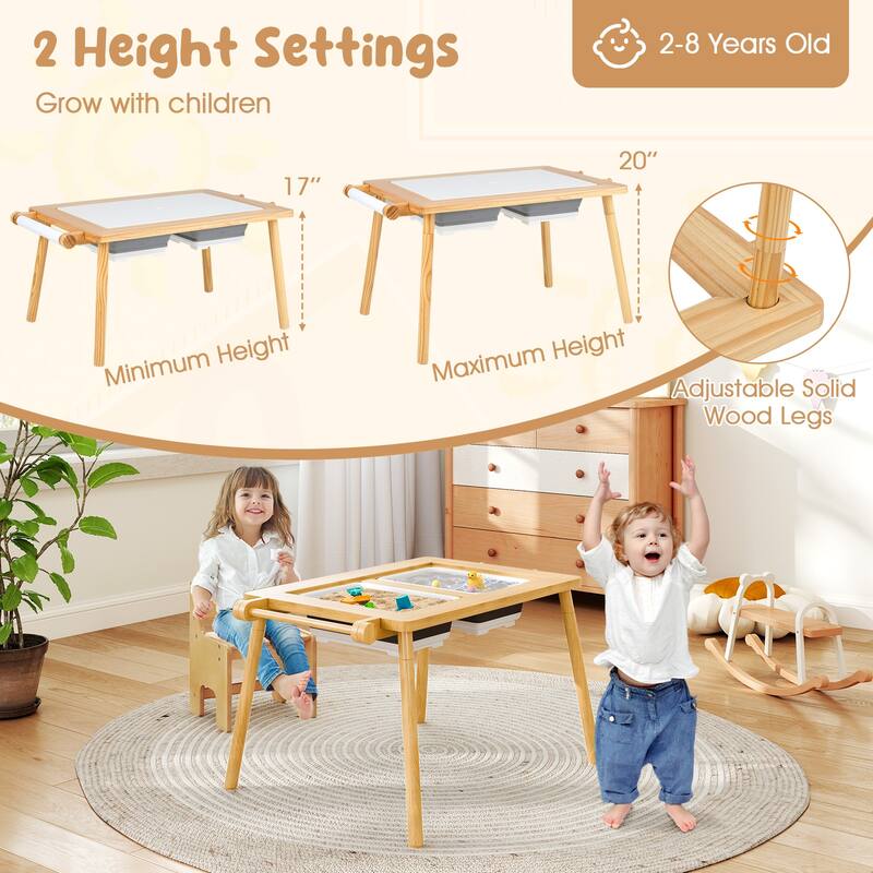 Kids Activity Table and Chair Set with Storage Paper Roll and Chalkboard Blocks Board for Age 2-8 Years - 35.5" x 21.5" x 17"